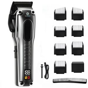 Set Masina de Tuns si ras parul si barba Neosimply, carcasa metalica profesionala, aparat gri silver