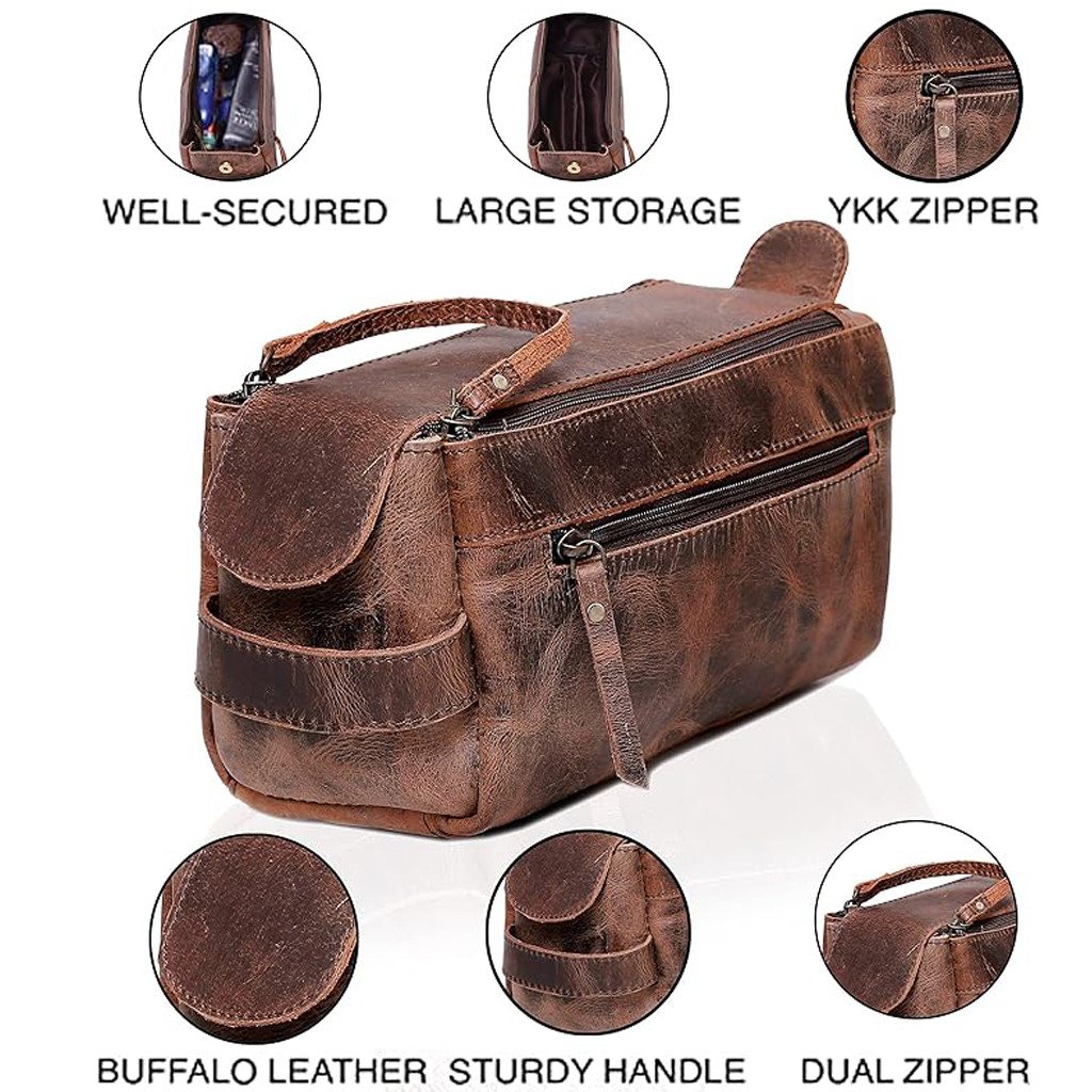 Organizator multifunctional din Piele Naturala 100%, Neosimply Crazy Horse, pentru articole de toaleta, machiaj, cosmetice pentru femei si barbati, ideala pentru calatorii - imagine 3