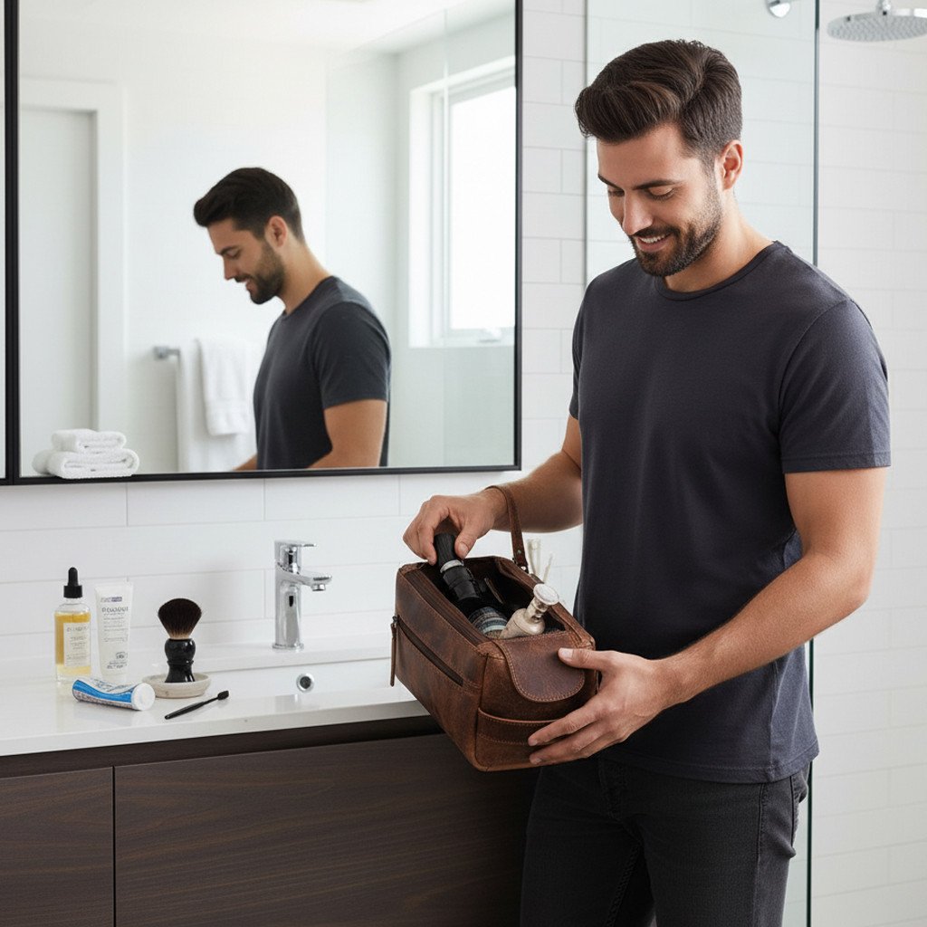 Organizator multifunctional din Piele Naturala 100%, Neosimply Crazy Horse, pentru articole de toaleta, machiaj, cosmetice pentru femei si barbati, ideala pentru calatorii - imagine 4