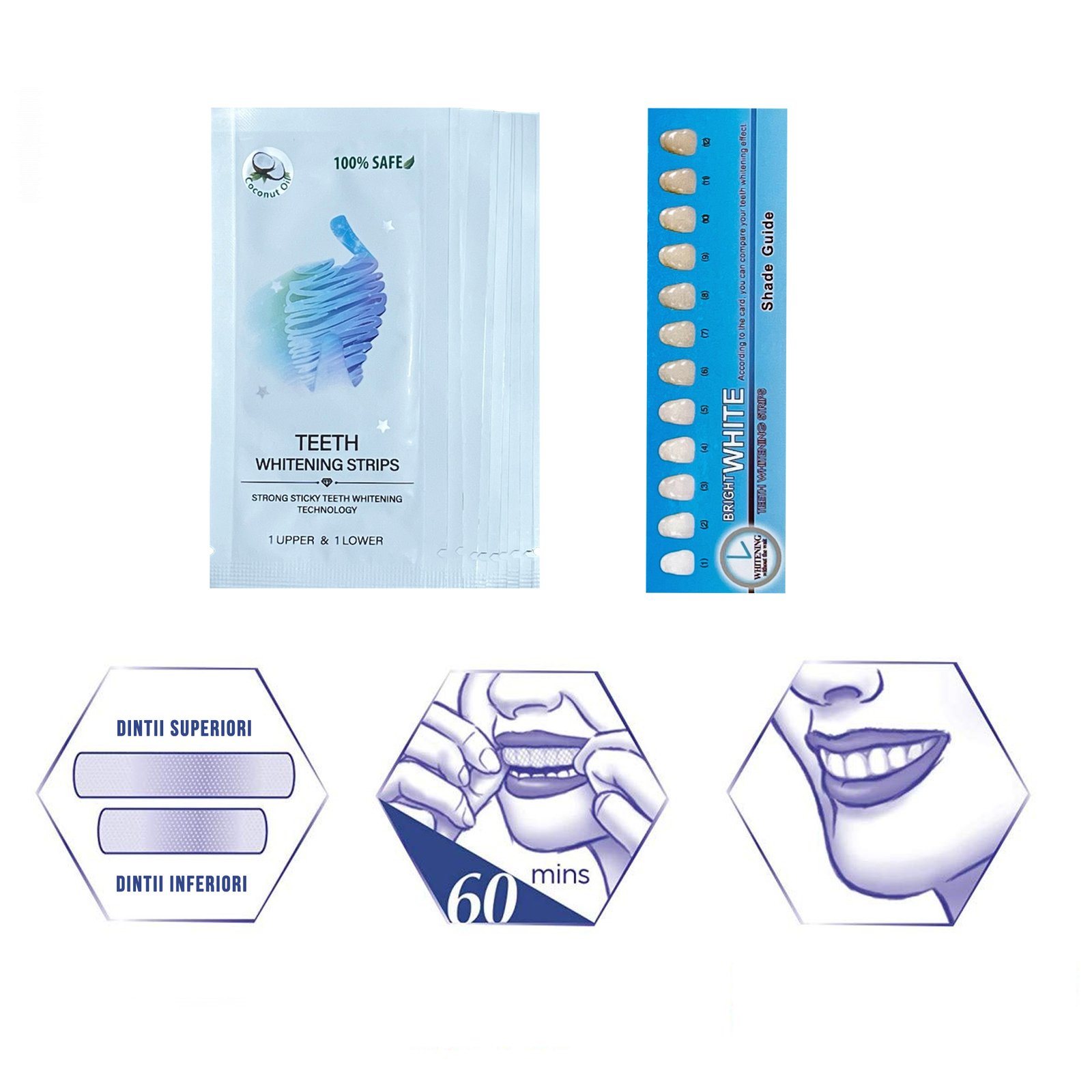 Set Benzi pentru albirea dintilor, fara peroxid de hidrogen si ulei de cocos, NeoSimply, 14 plicuri, 28 strips 65 g - imagine 3