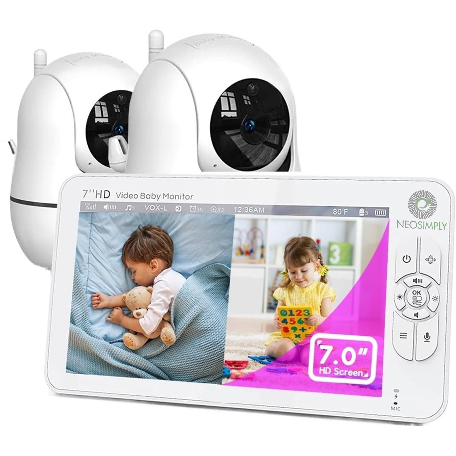 Camere de supraveghere Baby Monitor NeoSimply® Audio-Video wireless, LikeSmart BabyStar, ecran HD XXL 7″ Inch LCD, VOX, Mod Nocturn, Baterie 4000mAh, Monitorizare Temperatura, Alarma, Cantece de Leagan