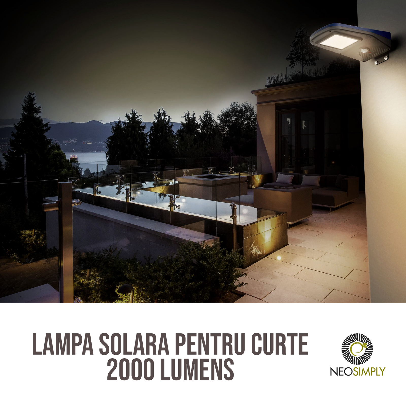 Lampa Solara LED De Exterior Pentru Curte si Strada, Neosimply, 2000 Lumeni, 60 LED-uri OSRAM, 4 Moduri Smart De Iluminare, Telecomanda - Albastru Gri - imagine 3