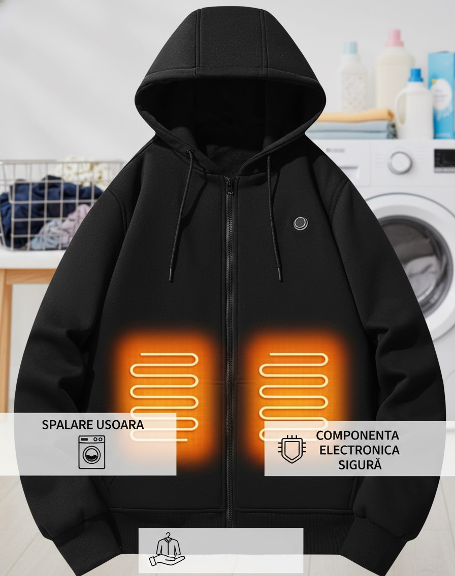 Hanorac cu Incalzire Unisex NeoSimply, Jacheta Incalzita cu Fermoar, Haina cu gluga termica, Power Bank 10000 mAh, M - imagine 4