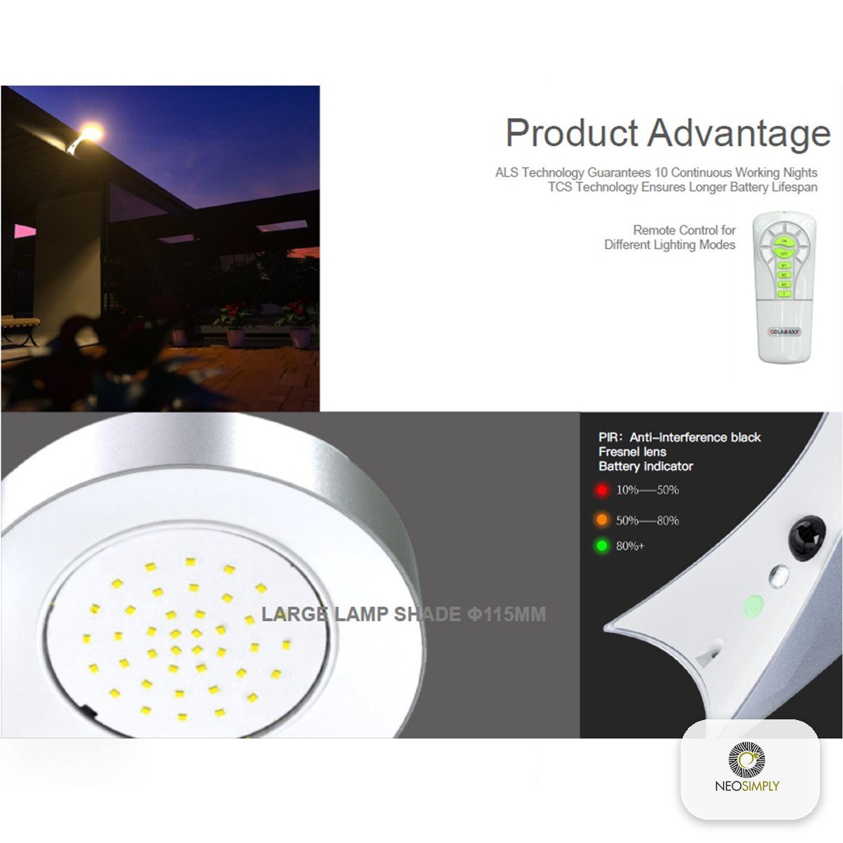 Lampa Solara De Exterior LED, NeoSimply, 2000 Lumens, 40 led-uri, telecomanda, IP65, cu senzor de proximitate si 3 moduri smart de operare - imagine 2