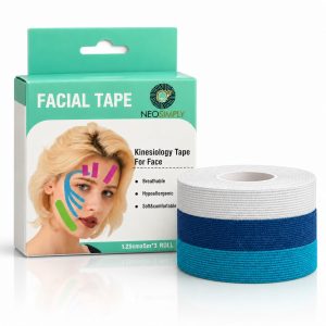 Banda Kinesiologica Fata Neosimply, Kinesio Tape Facial, Benzi Kinesiologice Bumbac, Hipoalergenice, 1.25 cm x 5 m, 3 Role, Alb, Albastru, Bleu