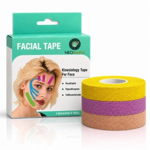 Banda Kinesiologica Fata Neosimply, Kinesio Tape Facial, Benzi Kinesiologice Bumbac, Hipoalergenice, 1.25 cm x 5 m, 3 Role, Galben, Mov, Nude