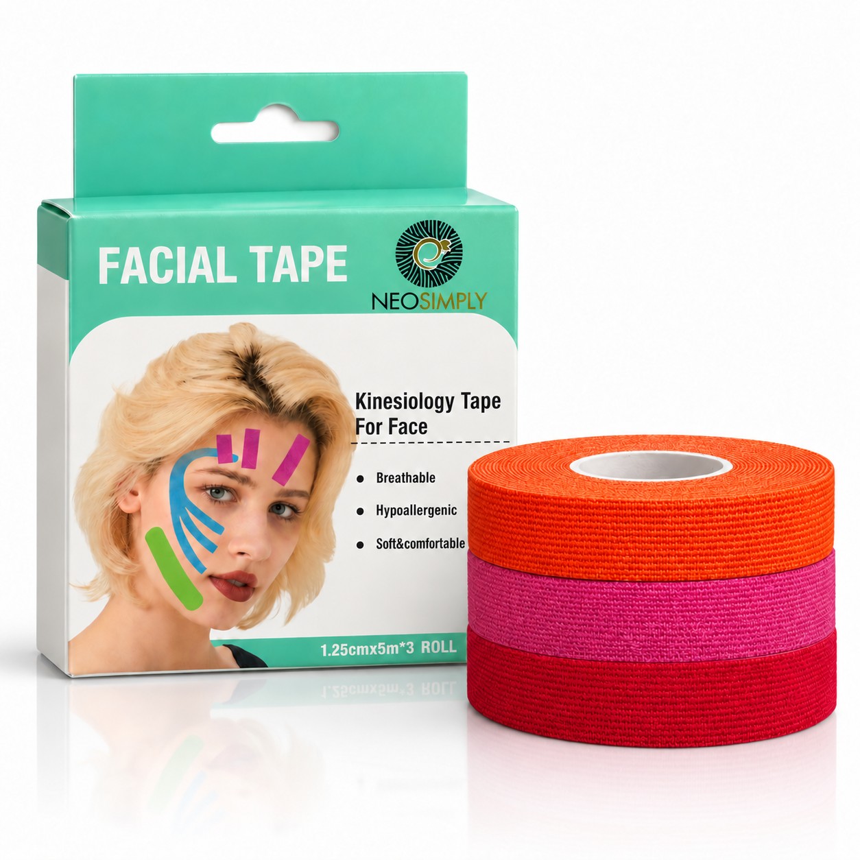 Banda Kinesiologica Fata Neosimply, Kinesio Tape Facial, Benzi Kinesiologice Bumbac, Hipoalergenice, 1.25 cm x 5 m, 3 Role, Portocaliu, Fucsia, Rosu