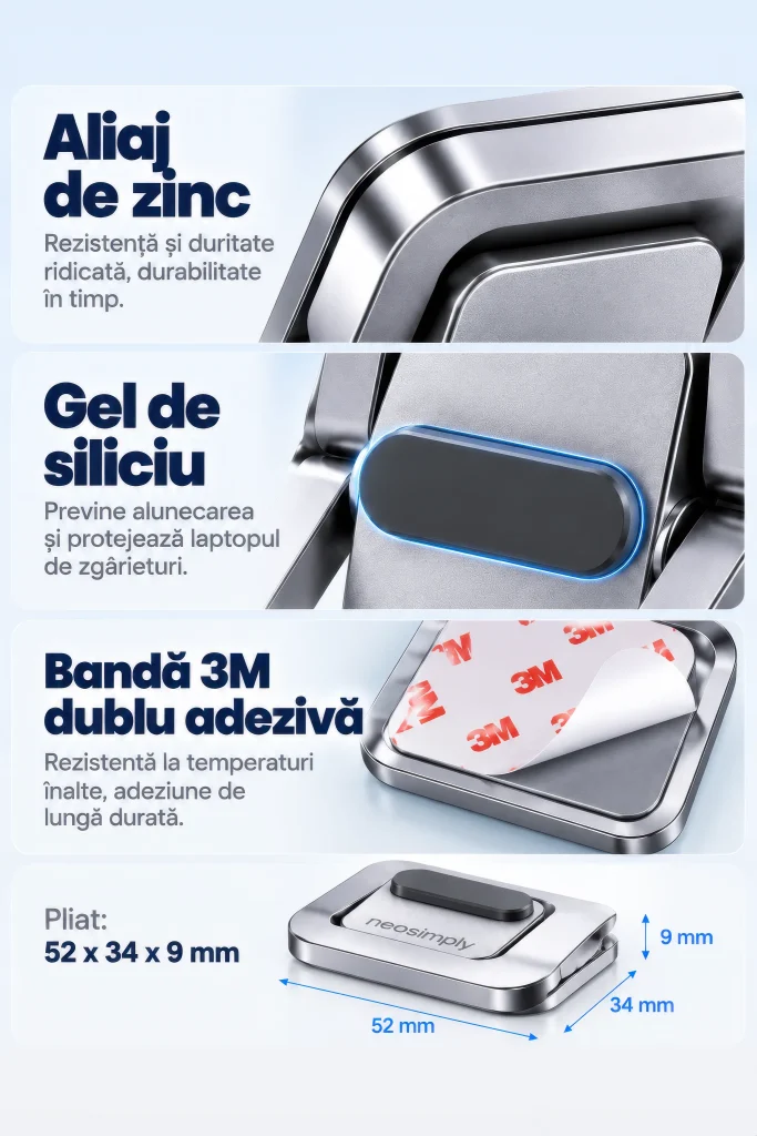 Cooler Laptop Stand NeoSimply, Aliaj de zinc, gel de siliciu, banda 3M