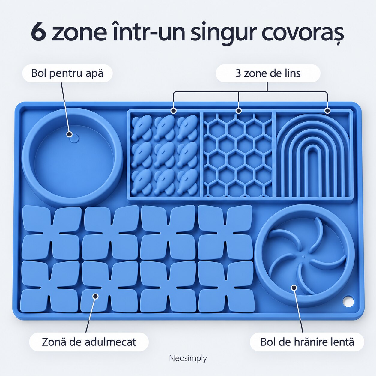 Covoras Lins Neosimply, Jucarie Interactiva Pisici si Caini, Bol Hranire Lenta, 6 Zone, Silicon, Ventuze, 40x26.5 cm, 2 Linguri si 2 Capace, Verde Mint - imagine 2