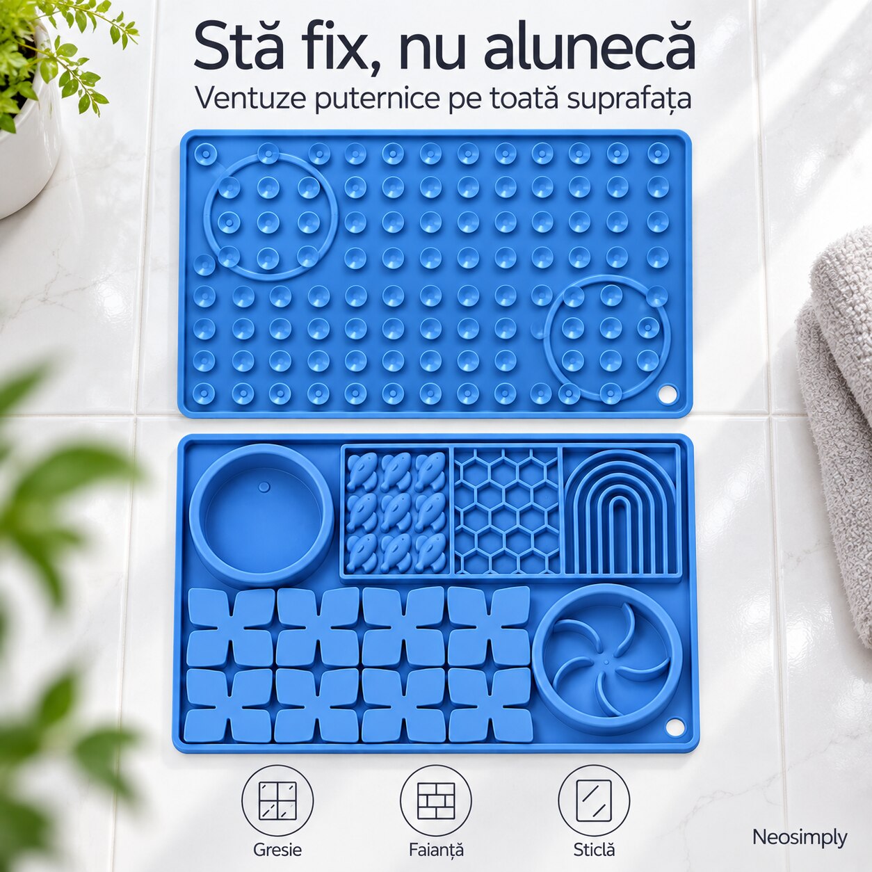 Covoras Lins Neosimply, Jucarie Interactiva Pisici si Caini, Bol Hranire Lenta, 6 Zone, Silicon, Ventuze, 40x26.5 cm, 2 Linguri si 2 Capace, Albastru - imagine 5