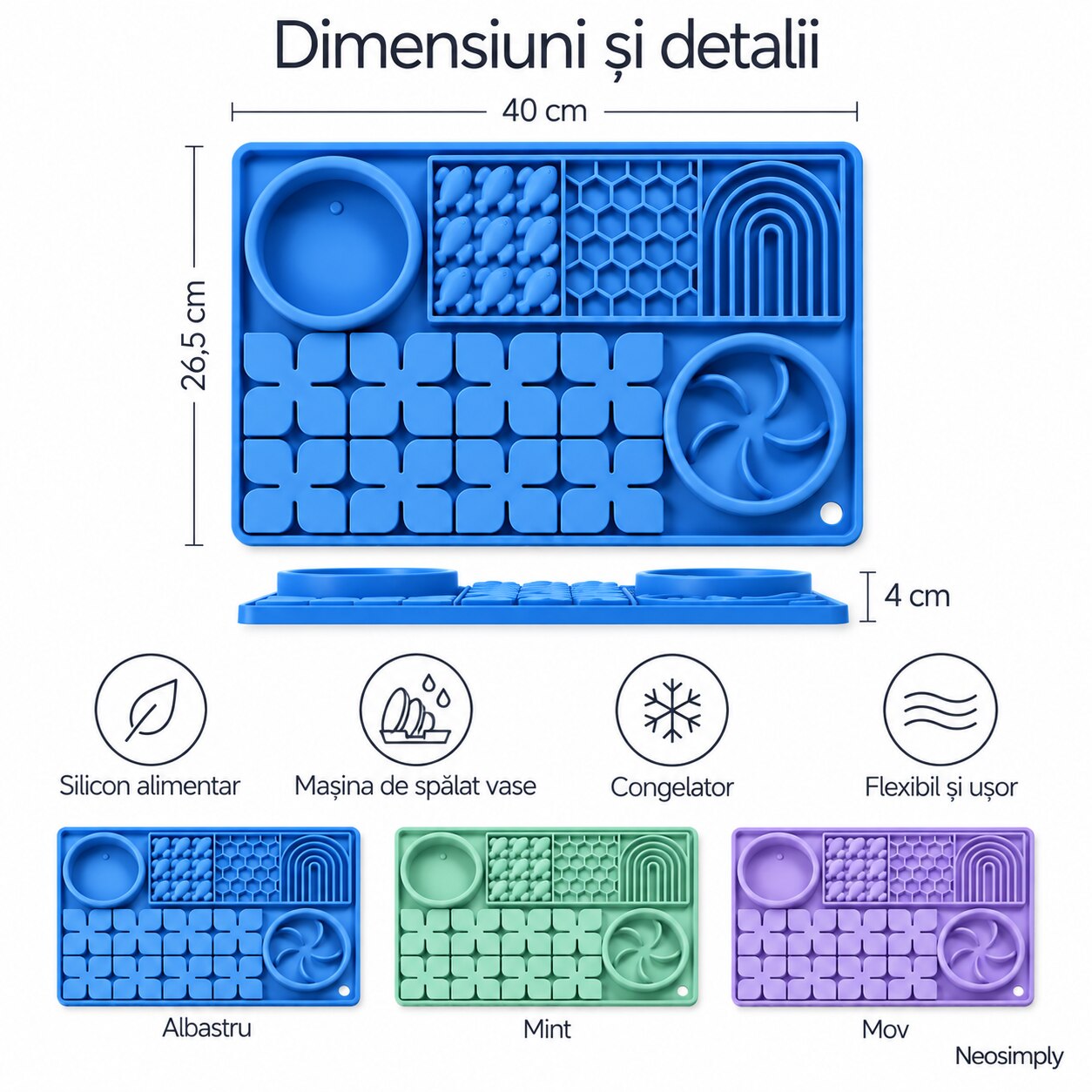 Covoras Lins Neosimply, Jucarie Interactiva Pisici si Caini, Bol Hranire Lenta, 6 Zone, Silicon, Ventuze, 40x26.5 cm, 2 Linguri si 2 Capace, Verde Mint - imagine 7