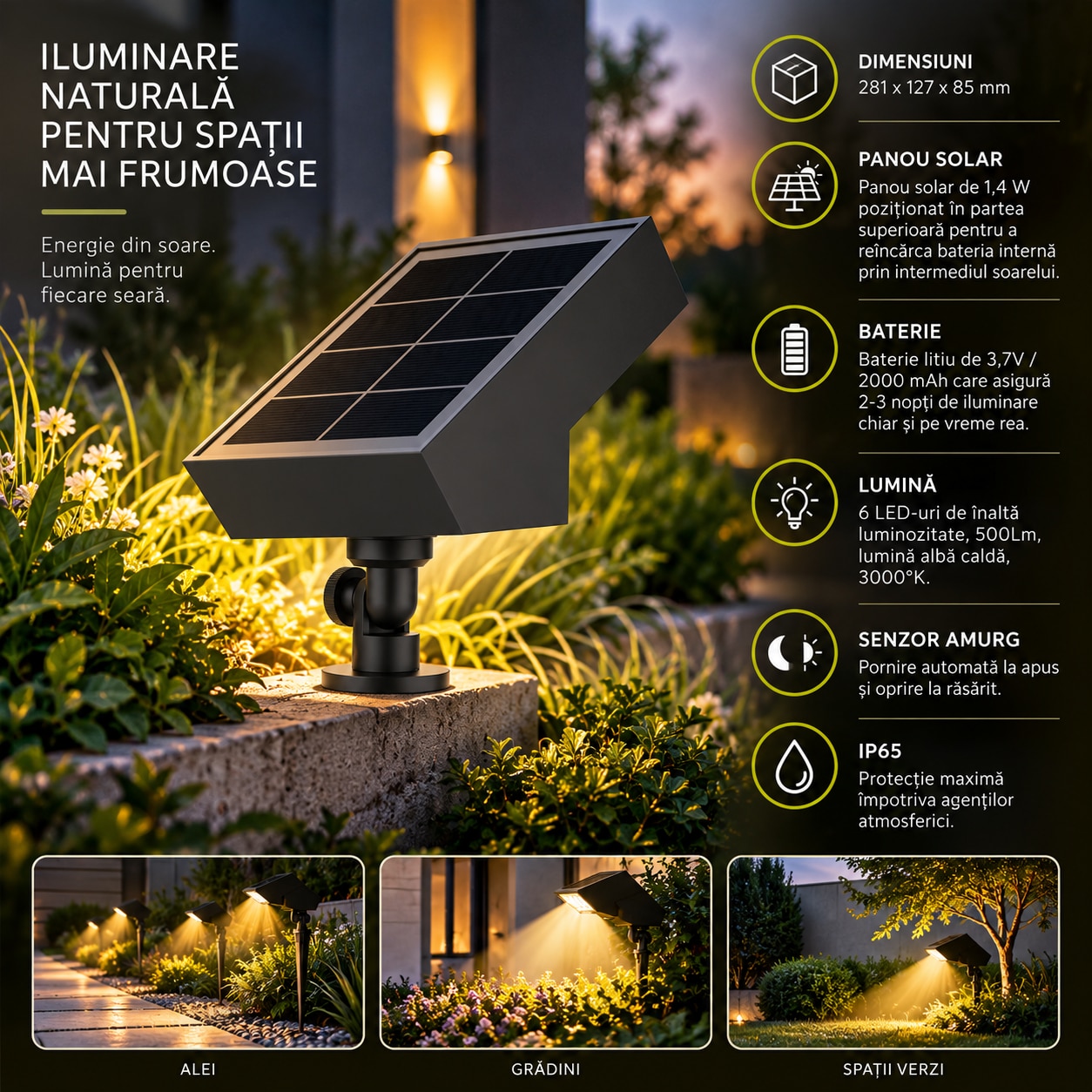 Lampa Solara LED de Gradina cu Senzor Crepuscular Neosimply, 500 lm, 6 LED, Panou Solar 1, 4 W, Baterie 2000 mAh, Lumina Calda 3000K, IP65, Negru - imagine 2