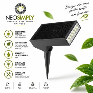 Lampa Solara LED de Gradina cu Senzor Crepuscular Neosimply, 500 lm, 6 LED, Panou Solar 1, 4 W, Baterie 2000 mAh, Lumina Calda 3000K, IP65, Negru