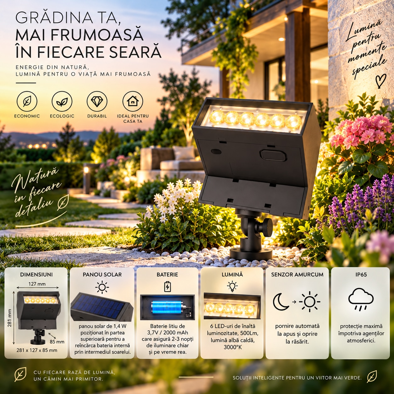 Lampa Solara LED de Gradina cu Senzor Crepuscular Neosimply, 500 lm, 6 LED, Panou Solar 1, 4 W, Baterie 2000 mAh, Lumina Calda 3000K, IP65, Negru - imagine 6