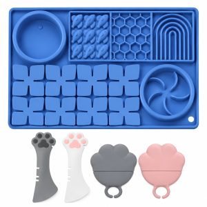 Covoras Lins Neosimply, Jucarie Interactiva Pisici si Caini, Bol Hranire Lenta, 6 Zone, Silicon, Ventuze, 40x26.5 cm, 2 Linguri si 2 Capace, Albastru