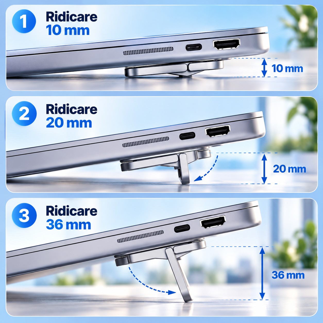 Cooler Laptop Stand Neosimply, Suport Laptop Birou Pliabil, Racire si Ventilatie, 3 Inaltimi Reglabile 10/20/36 mm, Aliaj de Zinc, Set 2 Bucati, Argintiu - imagine 3