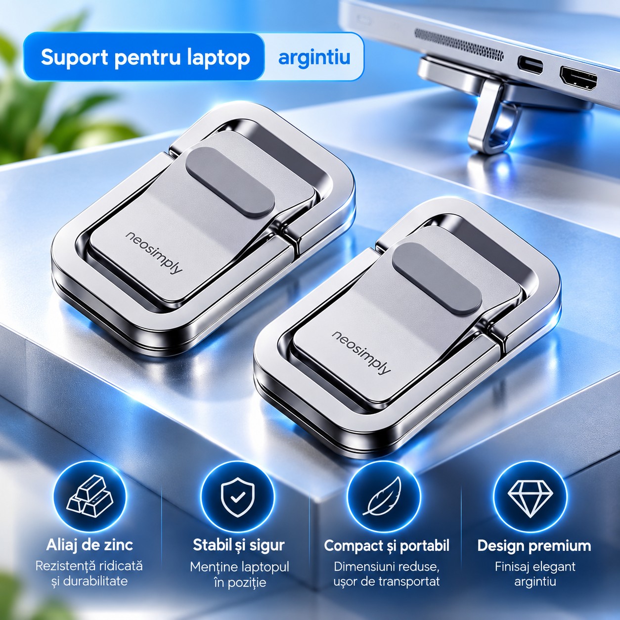 Cooler Laptop Stand Neosimply, Suport Laptop Birou Pliabil, Racire si Ventilatie, 3 Inaltimi Reglabile 10/20/36 mm, Aliaj de Zinc, Set 2 Bucati, Argintiu - imagine 9