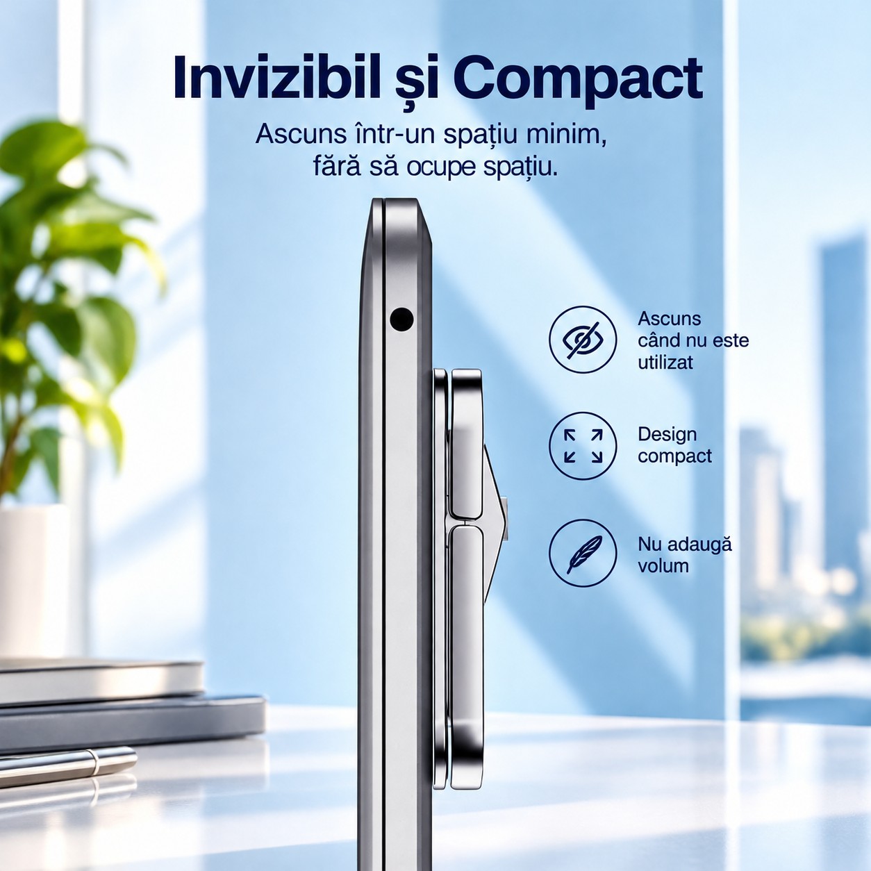 Cooler Laptop Stand Neosimply, Suport Laptop Birou Pliabil, Racire si Ventilatie, 3 Inaltimi Reglabile 10/20/36 mm, Aliaj de Zinc, Set 2 Bucati, Argintiu - imagine 6