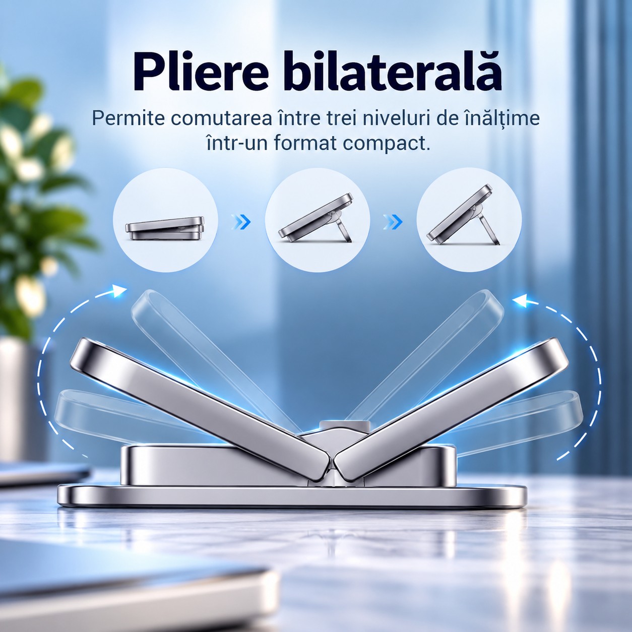 Cooler Laptop Stand Neosimply, Suport Laptop Birou Pliabil, Racire si Ventilatie, 3 Inaltimi Reglabile 10/20/36 mm, Aliaj de Zinc, Set 2 Bucati, Argintiu - imagine 7