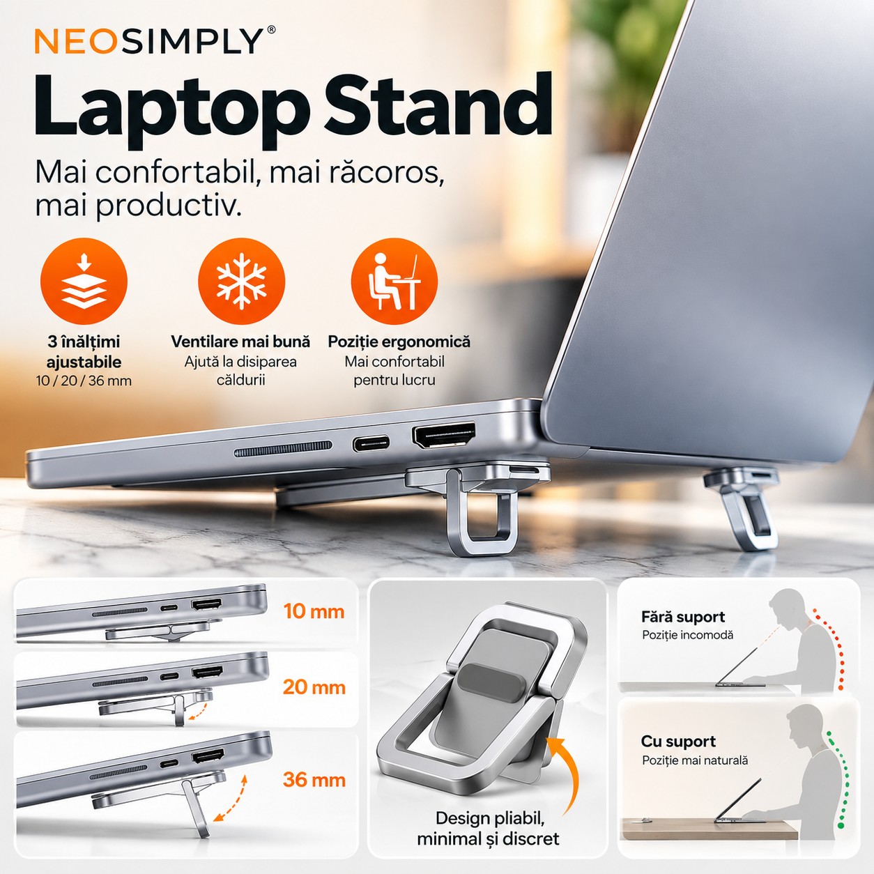 Cooler Laptop Stand Neosimply, Suport Laptop Birou Pliabil, Racire si Ventilatie, 3 Inaltimi Reglabile 10/20/36 mm, Aliaj de Zinc, Set 2 Bucati, Argintiu - imagine 2