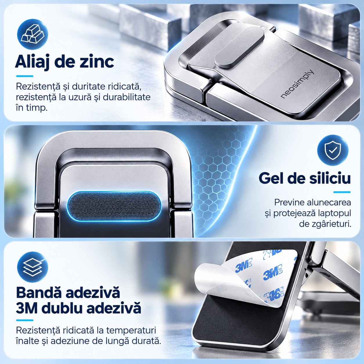 Cooler Laptop Stand Neosimply, Suport Laptop Birou Pliabil, Racire si Ventilatie, 3 Inaltimi Reglabile 10/20/36 mm, Aliaj de Zinc, Set 2 Bucati, Argintiu - imagine 5
