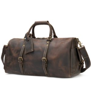 Geanta din Piele Naturala 100% Cowhide Neonaturals, Neosimply Crazy Horse Handmade Duffle Bag, pentru sala, travel, office, cu catarame de alama - Culoare Maro Dark