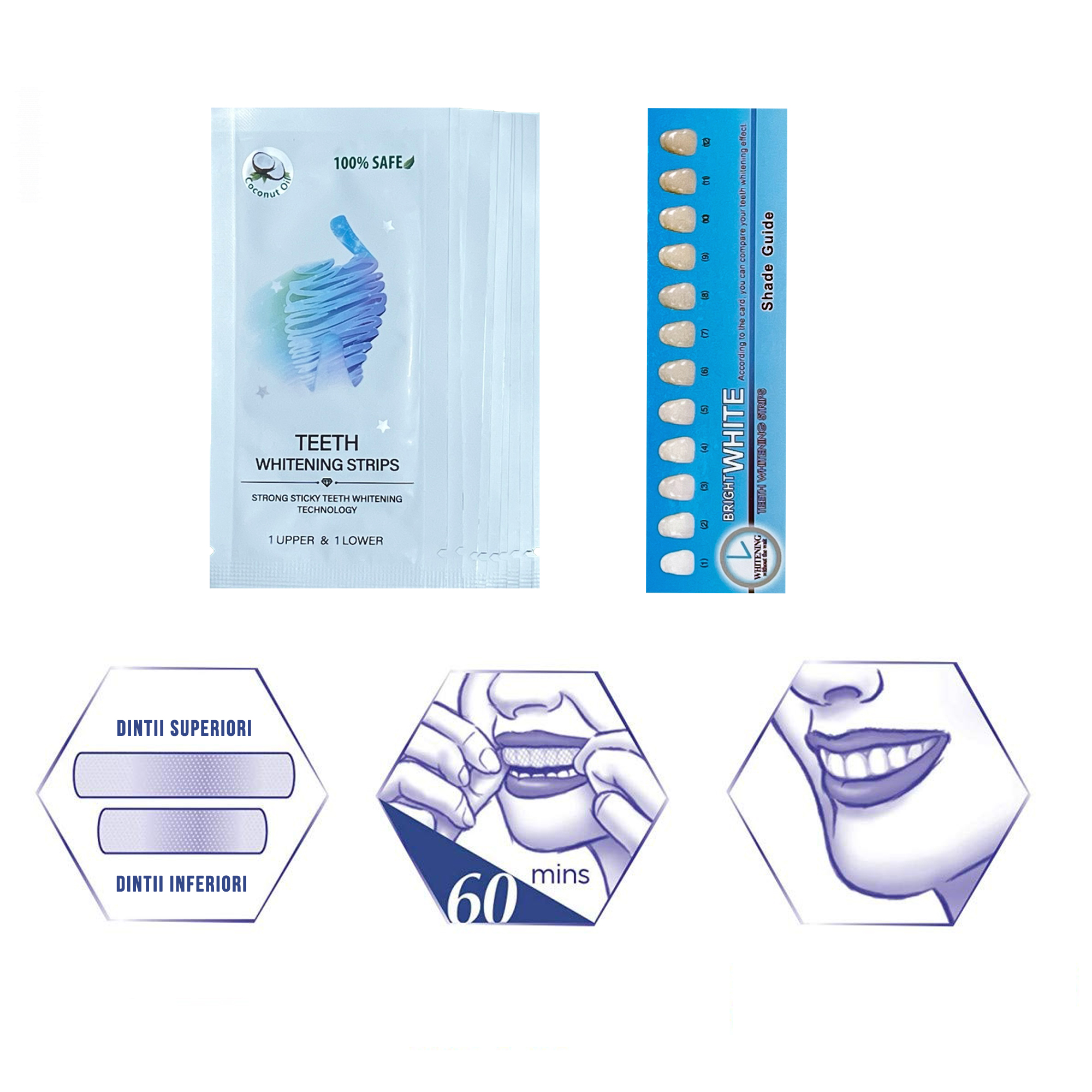 Set Benzi pentru albirea dintilor, fara peroxid de hidrogen si ulei de cocos, NeoSimply, 14 plicuri, 28 strips 65 g - imagine 7