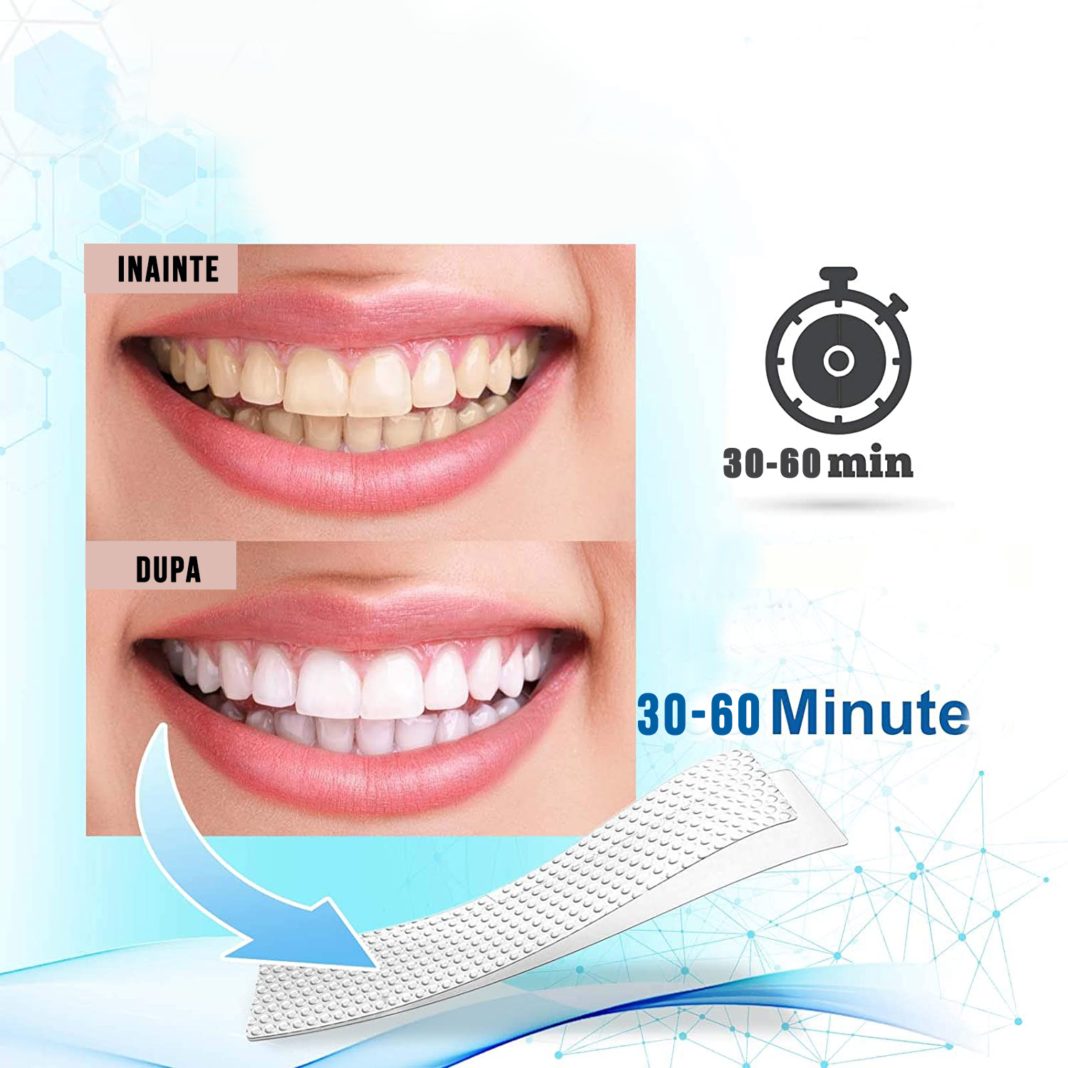 Set Benzi pentru albirea dintilor, fara peroxid de hidrogen si ulei de cocos, NeoSimply, 14 plicuri, 28 strips 65 g - imagine 10