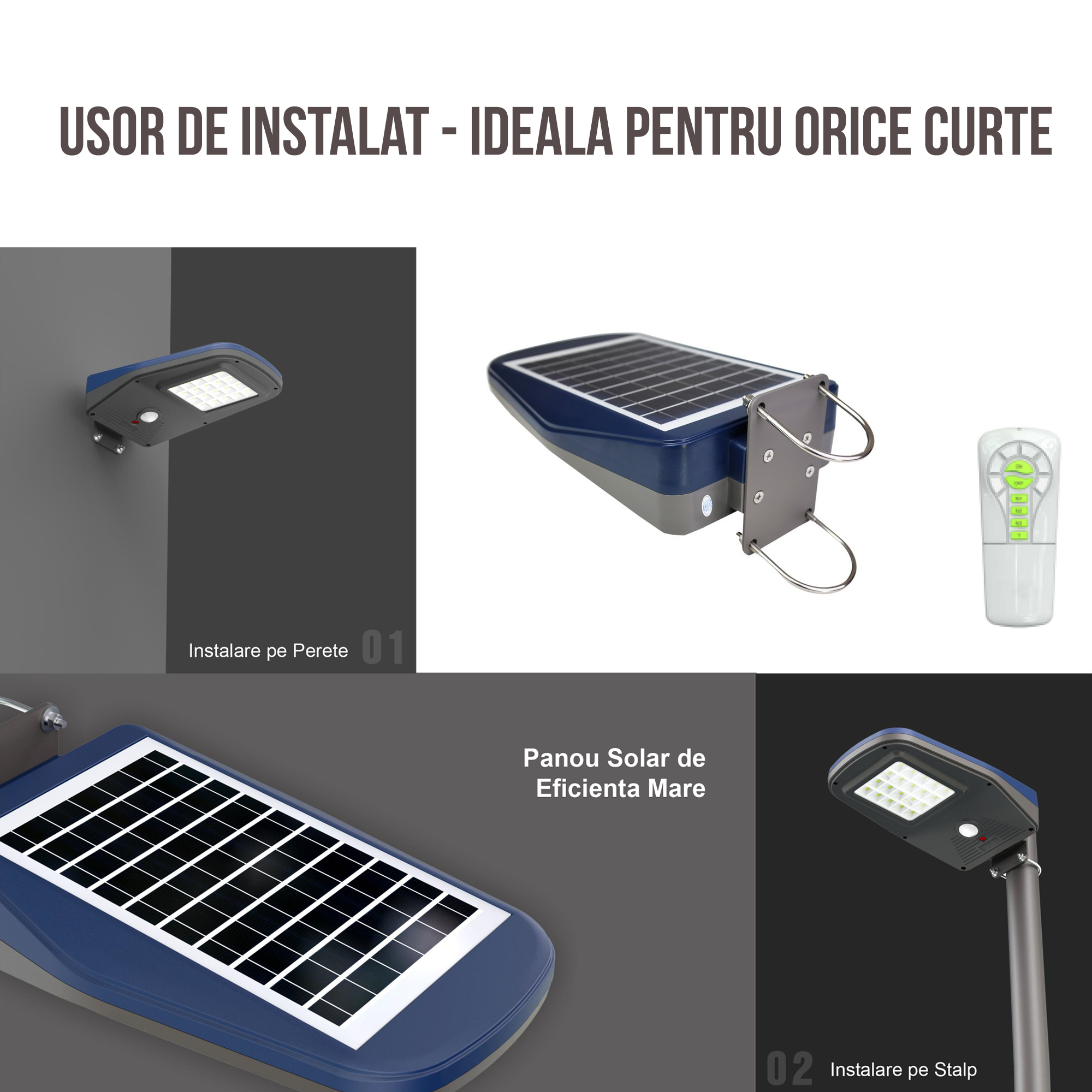 Lampa Solara LED De Exterior Pentru Curte si Strada, Neosimply, 2000 Lumeni, 60 LED-uri OSRAM, 4 Moduri Smart De Iluminare, Telecomanda - Albastru Gri - imagine 8