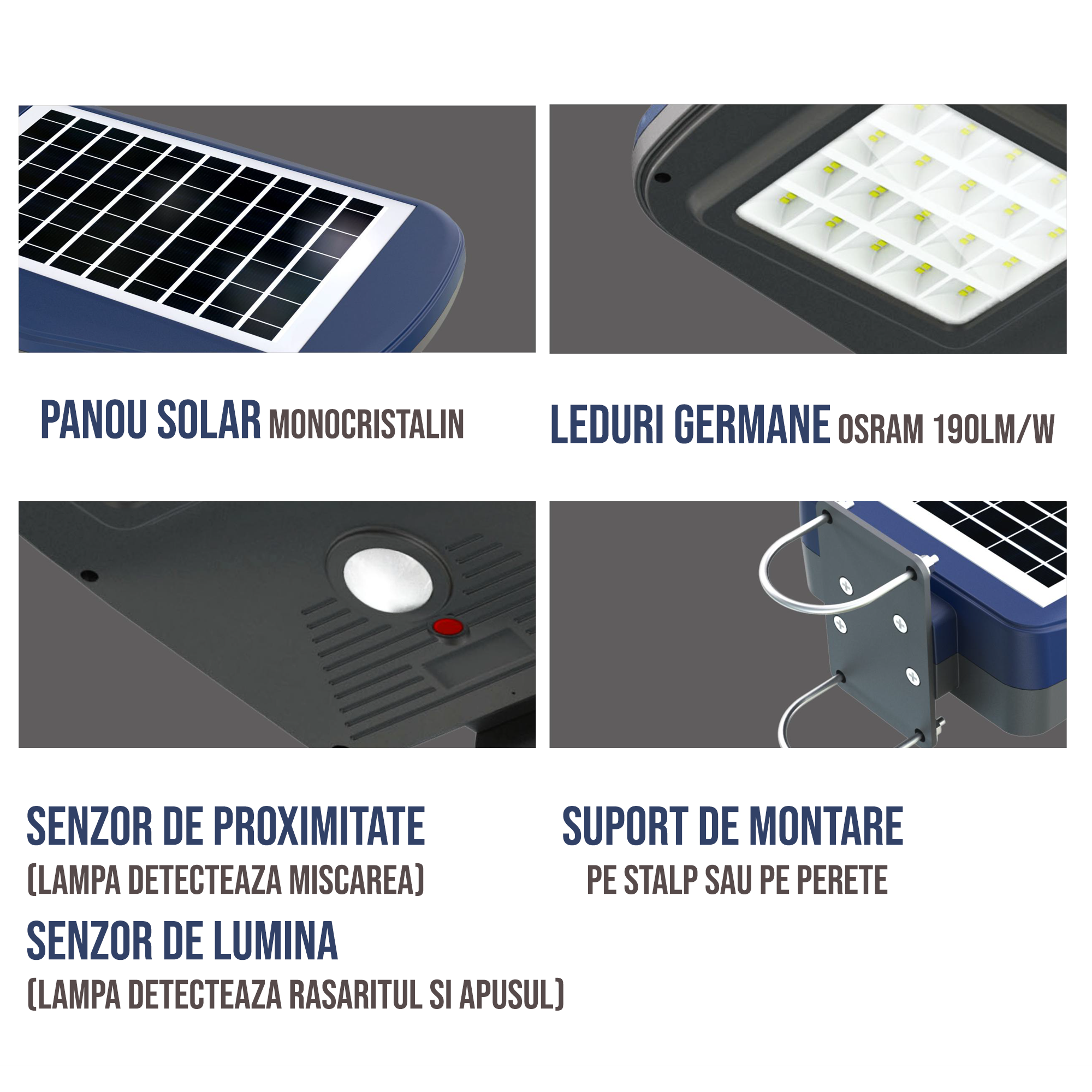 Lampa Solara LED De Exterior Pentru Curte si Strada, Neosimply, 2000 Lumeni, 60 LED-uri OSRAM, 4 Moduri Smart De Iluminare, Telecomanda - Albastru Gri - imagine 10