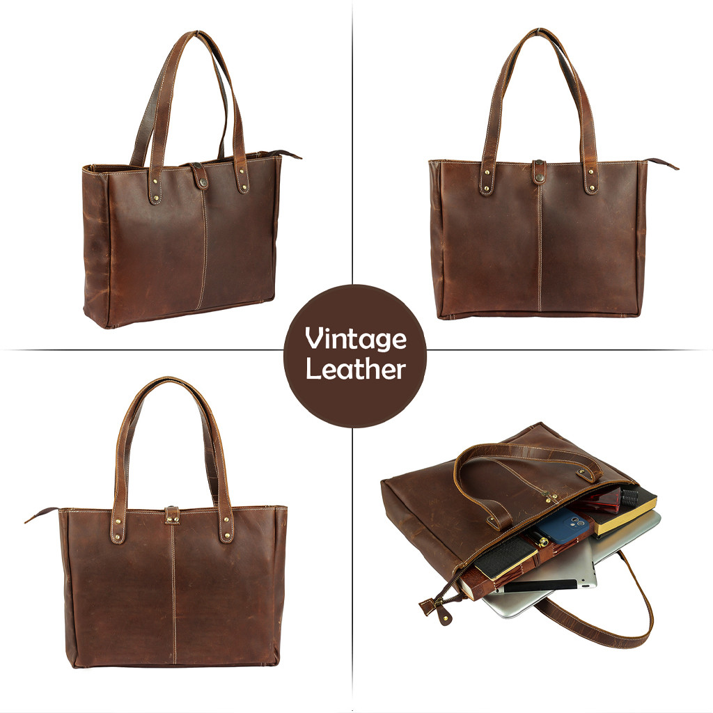 Geanta din Piele Naturala, NeoSimply, Crazy Horse, Maro Vintage, 40x31x10cm - imagine 5