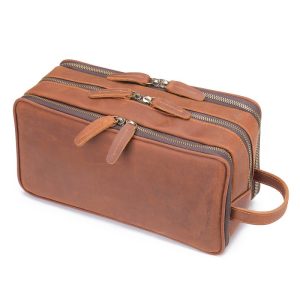 Organizator multifunctional din Piele Naturala 100%, Neosimply Crazy Horse, pentru articole de toaleta, machiaj, cosmetice pentru femei si barbati, ideala pentru calatorii, Brown