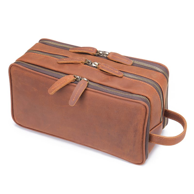 Organizator multifunctional din Piele Naturala 100%, Neosimply Crazy Horse, pentru articole de toaleta, machiaj, cosmetice pentru femei si barbati, ideala pentru calatorii, Brown